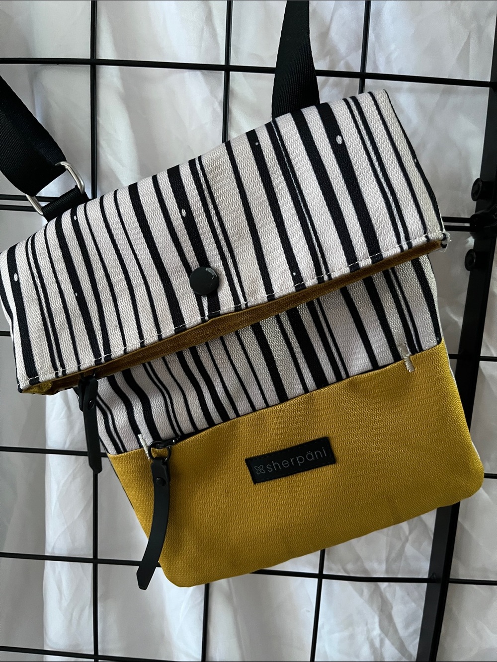 Sherpani Black & Mustard Yellow Striped Fold-Over Crossbody adjustable strap
